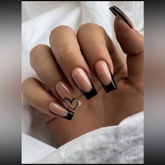 2/$15! Long Coffin Heart Detail Taupe Base Black French Tips Full Coverage - Picture 1 of 5